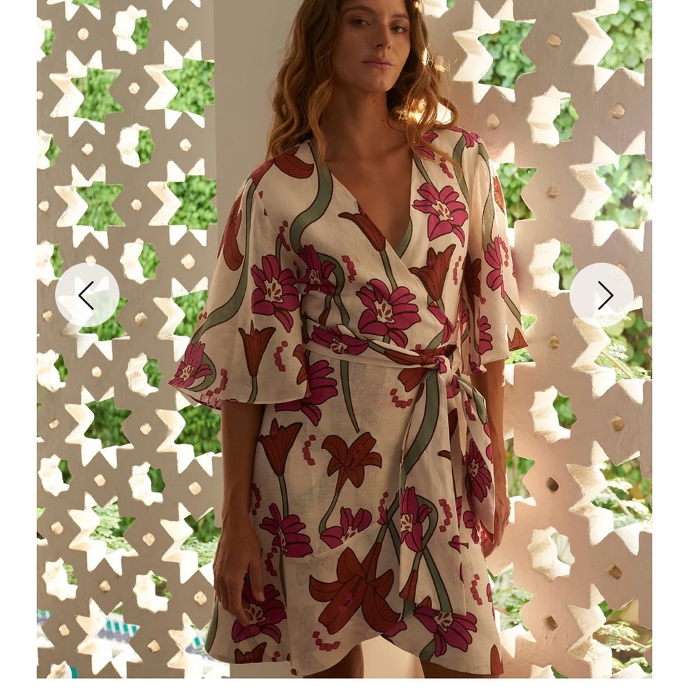 Juan D Dios Teresita Linen Mini Wrap Dress / Fuchsia Flowers